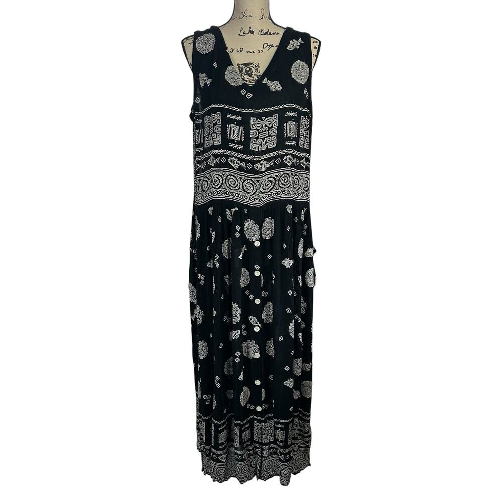 Bila Maxi Dress Large Black White Crinkle Rayon Tribal Boho Coastal Button Front